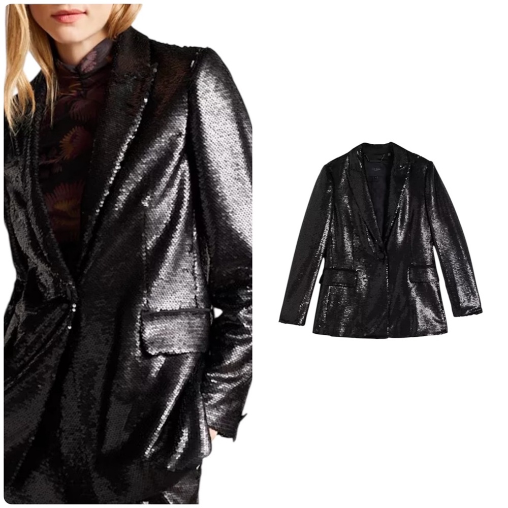 Ted Baker Black Shiny Millei Matte Sequin Blazer 1 US 4